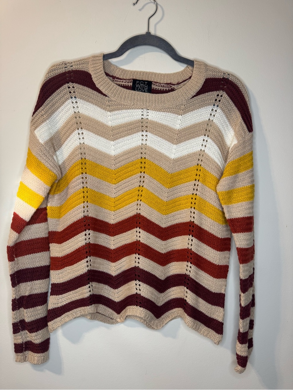 FCT With Love Women’s Large Chevron Striped Knit Sweater Burgundy Mustard Beige